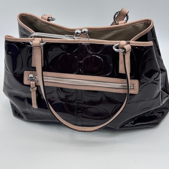 Coach Ashley Patent Leather Framed Carryall F2487 Brown Embossed C Bag - Picture 6 of 11